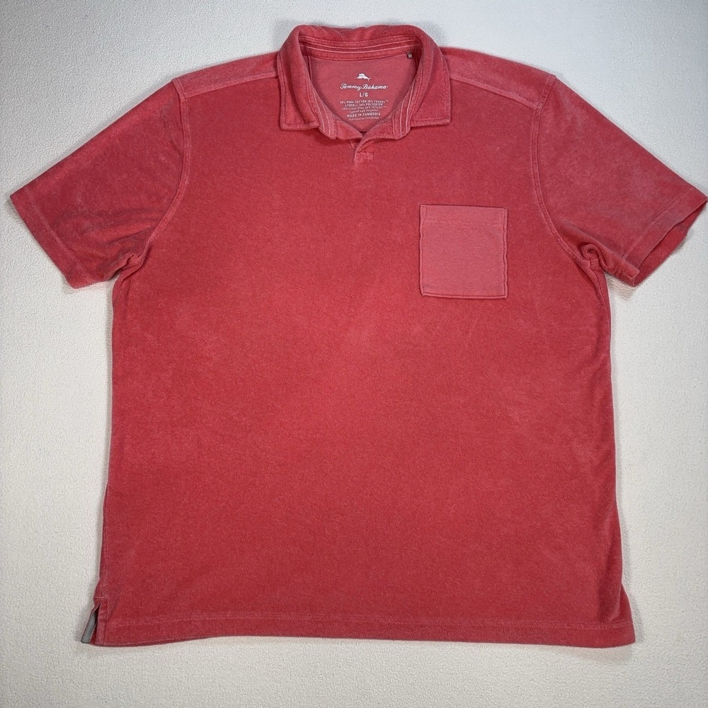 Tommy Bahama Terry Pima Cotton Polo Men's L Pink Pocket Resort Beach Vacation